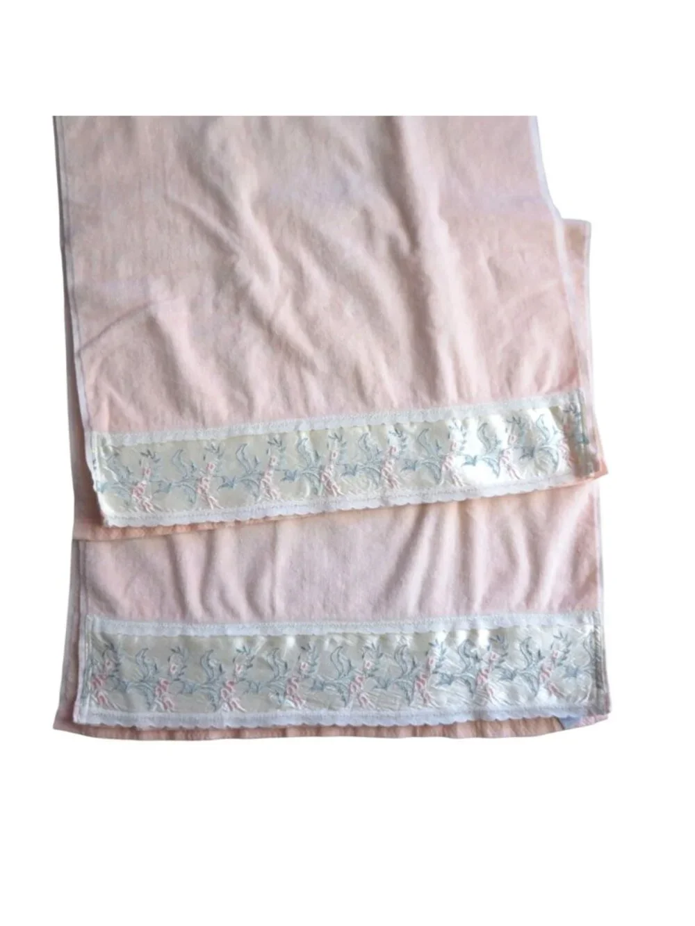 Vintage Trousseau Peach Bath Towels Embroidered Satin Trim Lace Edge USA Made
